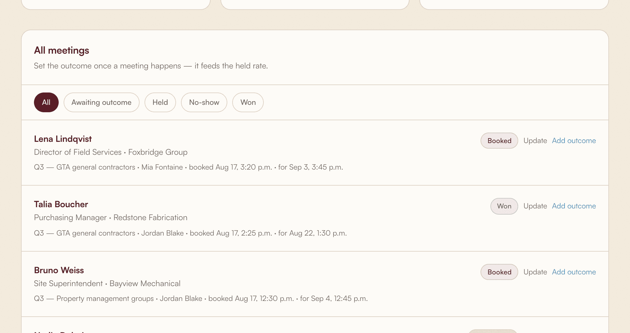 Meeting list with held, won and no-show outcomes