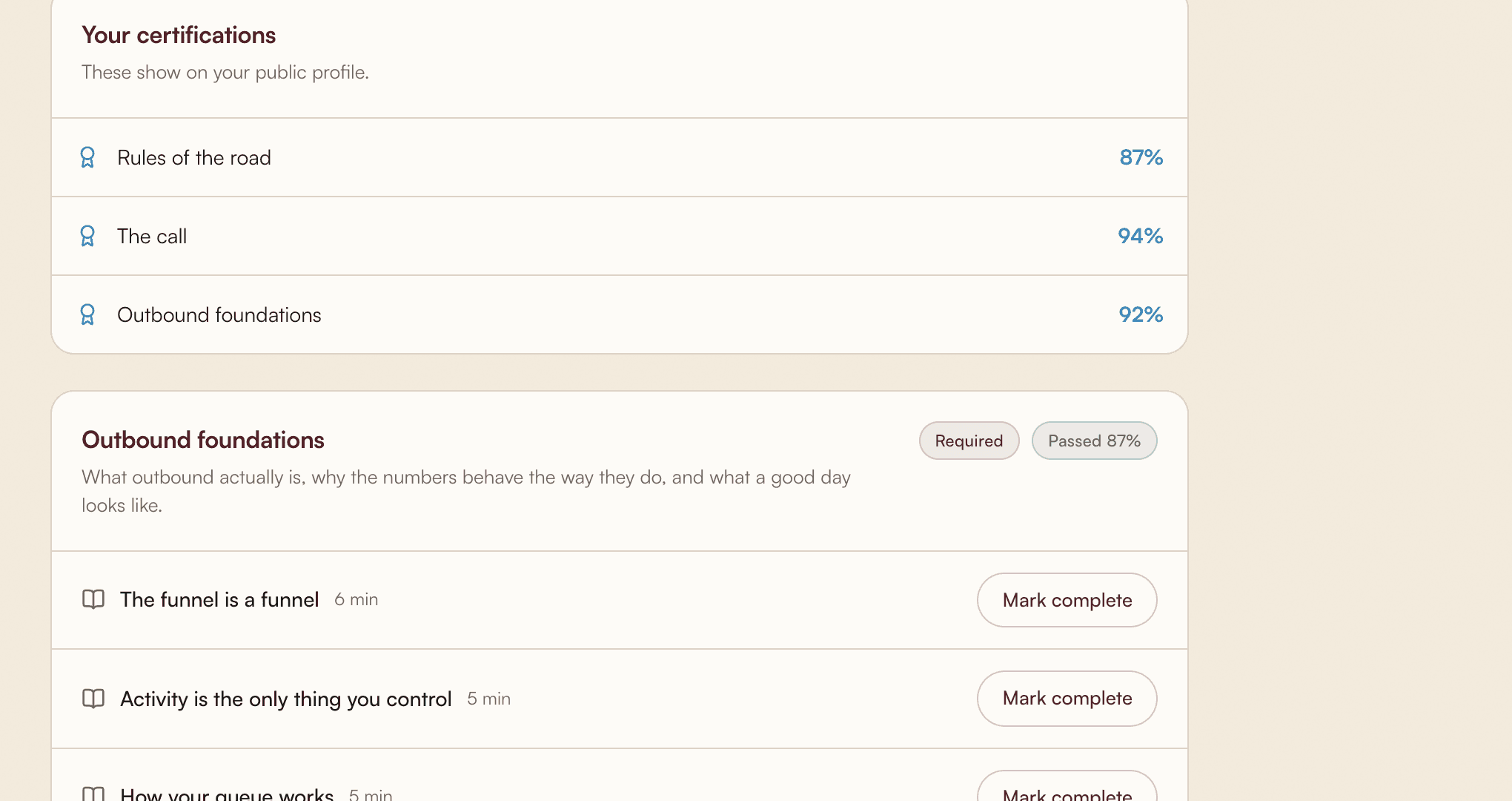 The training module: courses, lessons and a graded test